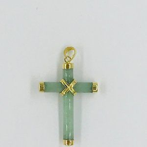 14k Yellow Gold Natural  Jade Cross Pendant